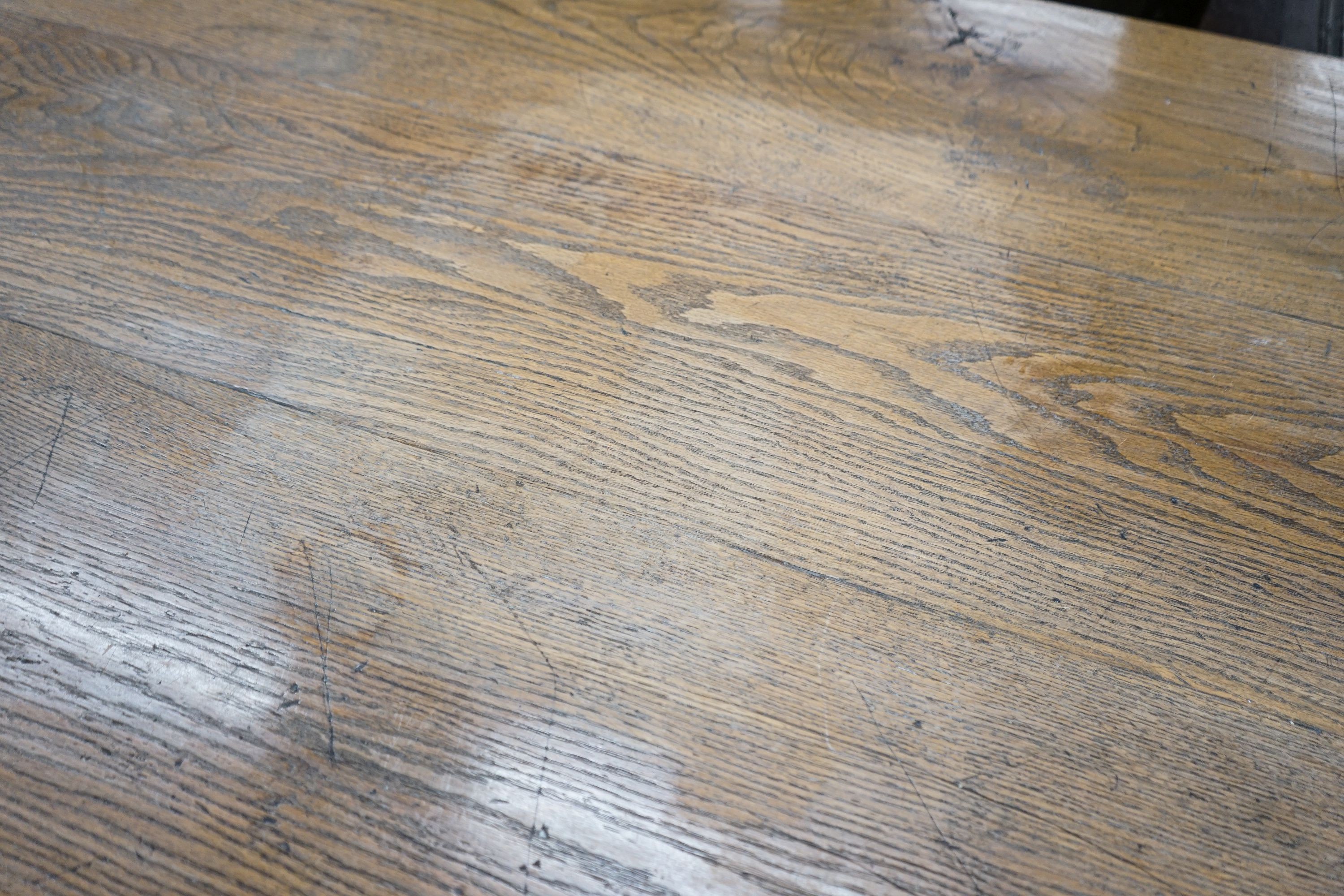 An 18th century style rectangular oak refectory dining table, length 202cm, depth 78cm, height 80cm
